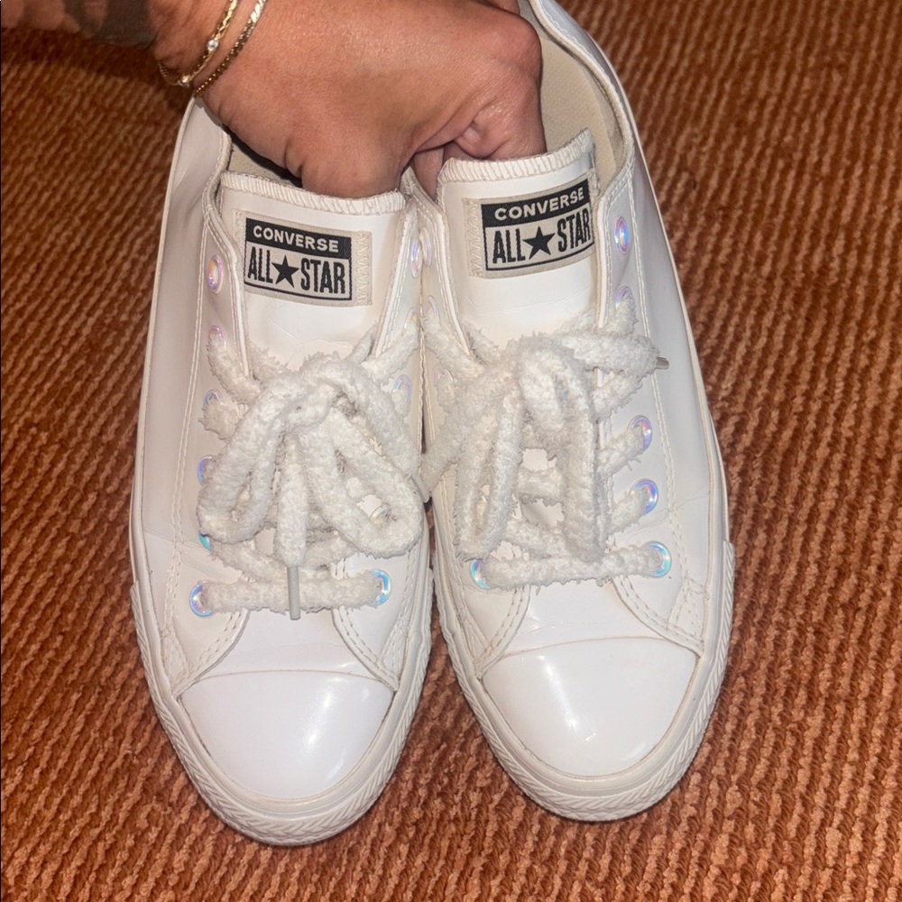 Converse White patent leather Sneaks size 8 iridescent hardware new fluffy laces - Picture 3 of 14